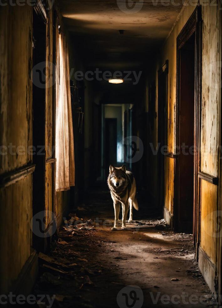 AI generated Portrait of a wolf in a dark corridor at night. ai generative photo