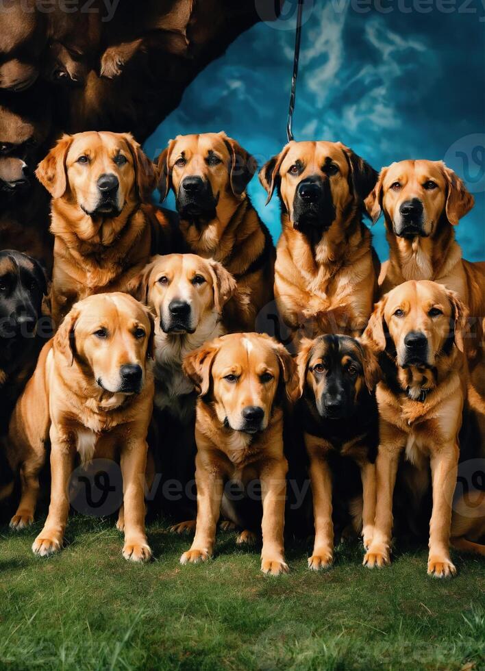 AI generated Group of dogs in a colorful wig. Selective focus. Toned. ai generative photo