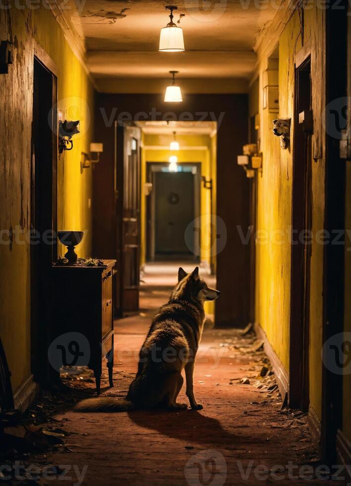 AI generated Portrait of a wolf in a dark corridor at night. ai generative photo