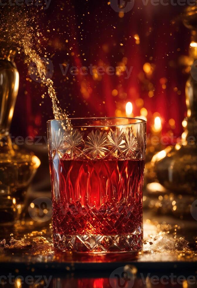 AI generated a glass of whiskey with ice and splashes. Golden sparkles background. ai generative photo