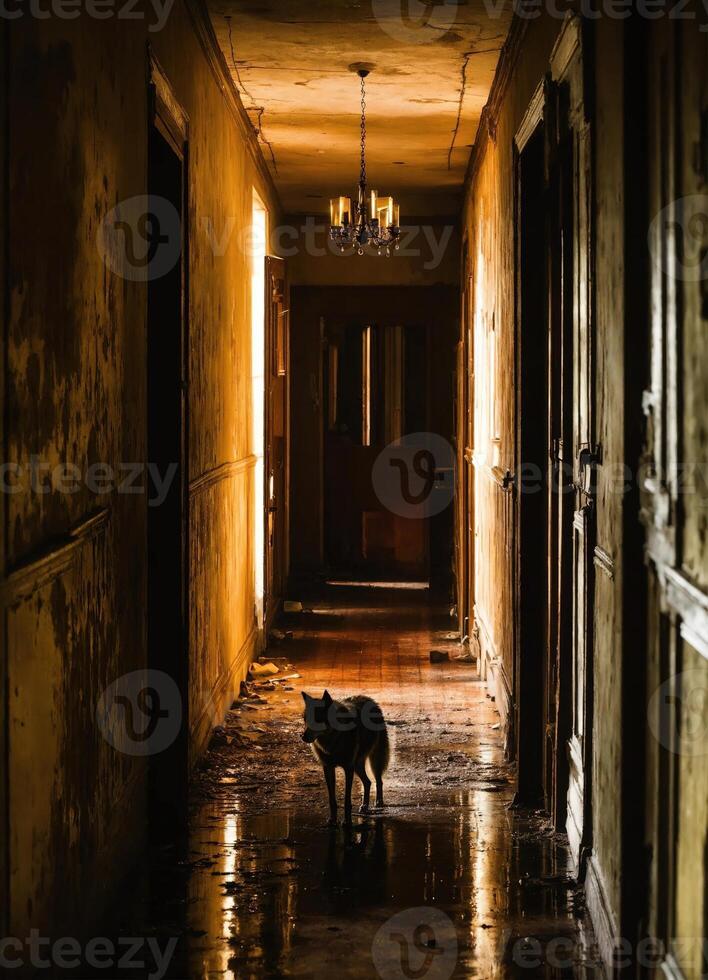 AI generated Portrait of a wolf in a dark corridor at night. ai generative photo