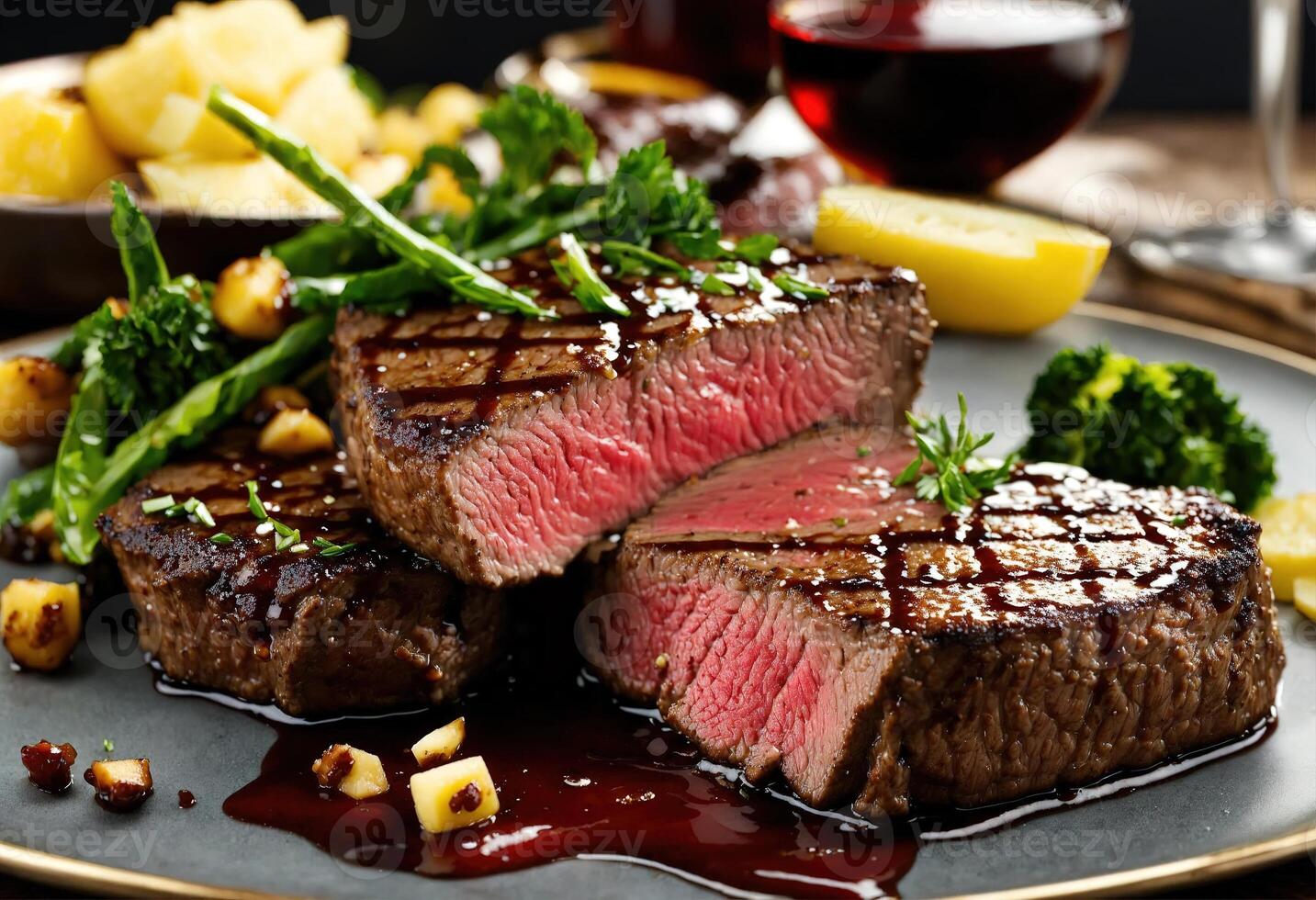 AI generated Beef steaks with asparagus and balsamic vinegar. ai generative photo