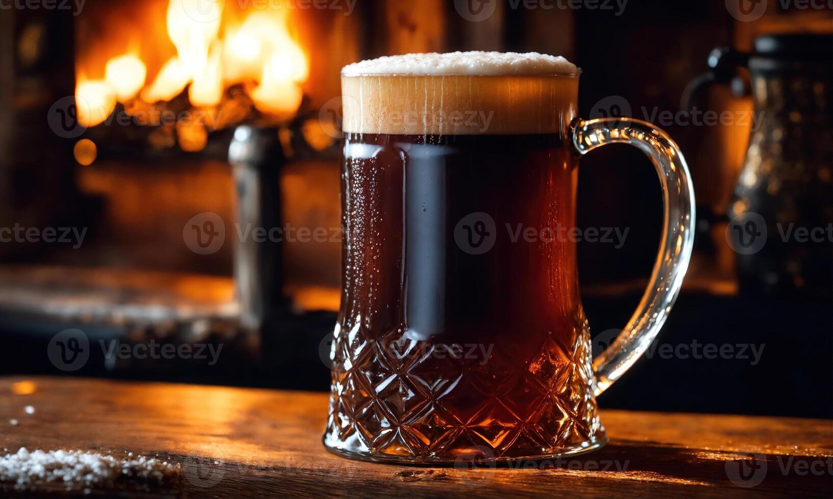 ai generado jarra de cerveza en un de madera mesa en un pub o bar. ai generativo foto