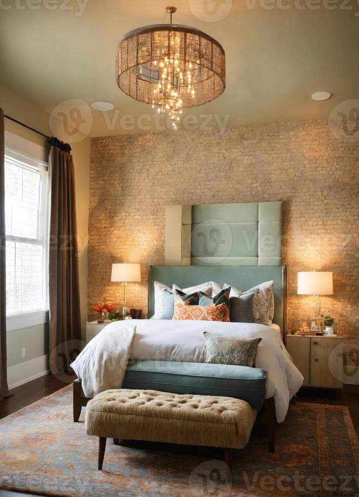 AI generated interior of classic bedroom, comfortable king size bed. ai generative photo