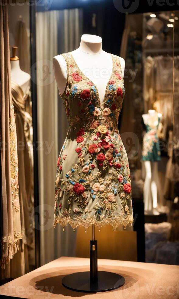 AI generated mini dress with low neckline on a mannequin. ai generative photo