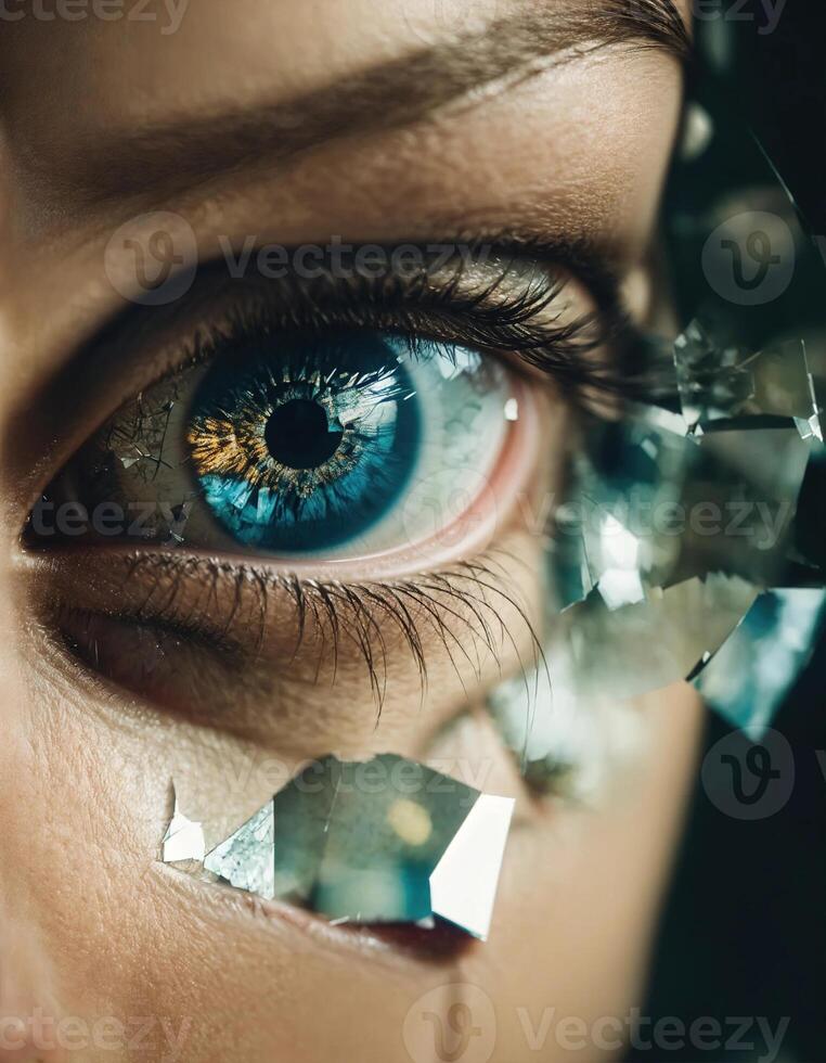 AI generated Close-up of beautiful female eye with broken glass effect. Fantasy image. ai generative photo