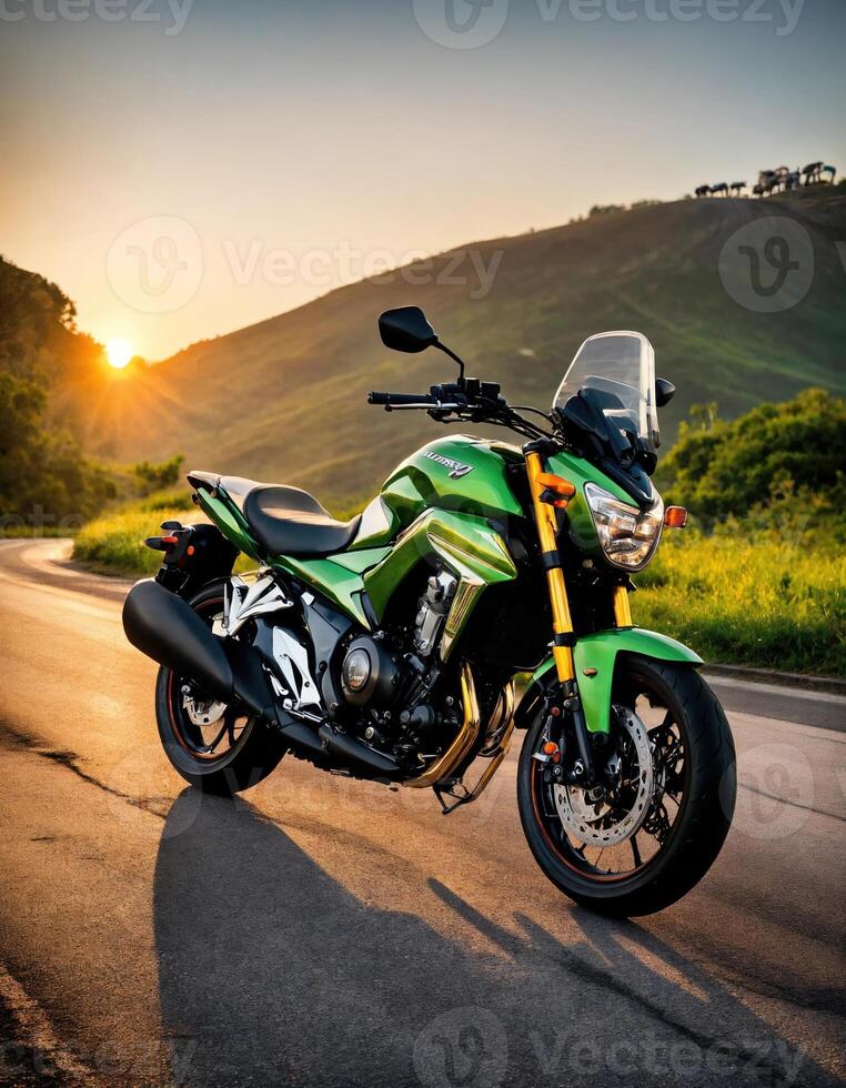 AI generated Motorcyclist riding a motorcycle on a country road at sunset. ai generative photo