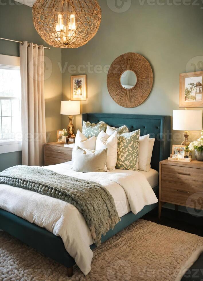 AI generated interior of classic bedroom, comfortable king size bed. ai generative photo