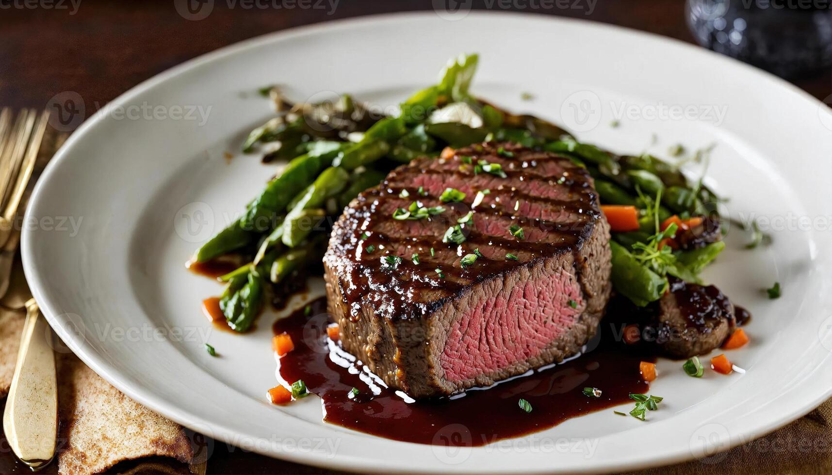 AI generated Beef steaks with asparagus and balsamic vinegar. ai generative photo