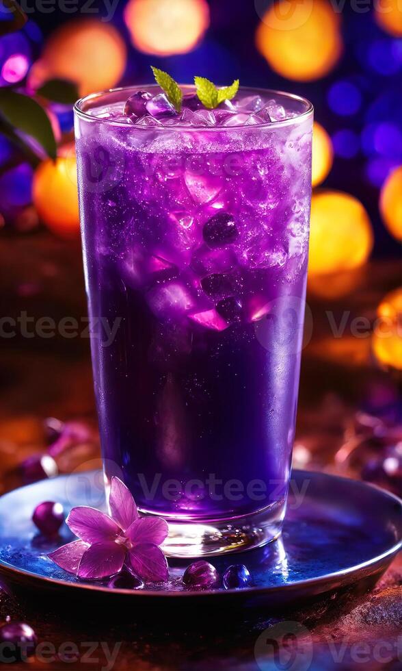 AI generated Purple cocktail with ice on a wooden table. Selective focus. ai generative photo