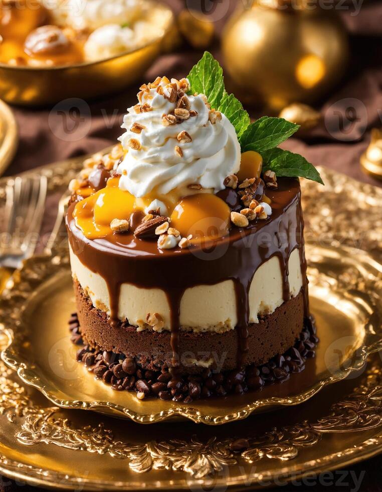 AI generated Chocolate cake with whipped cream and fresh fruits on a dark background. ai generative photo