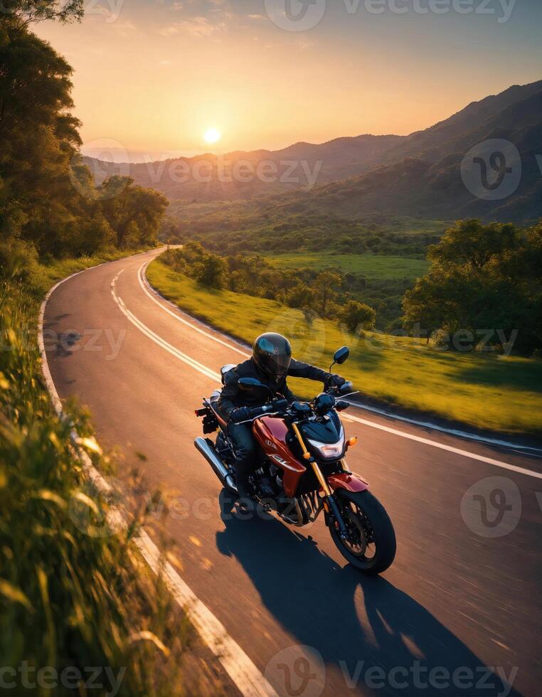 AI generated Motorcyclist riding a motorcycle on a country road at sunset. ai generative photo