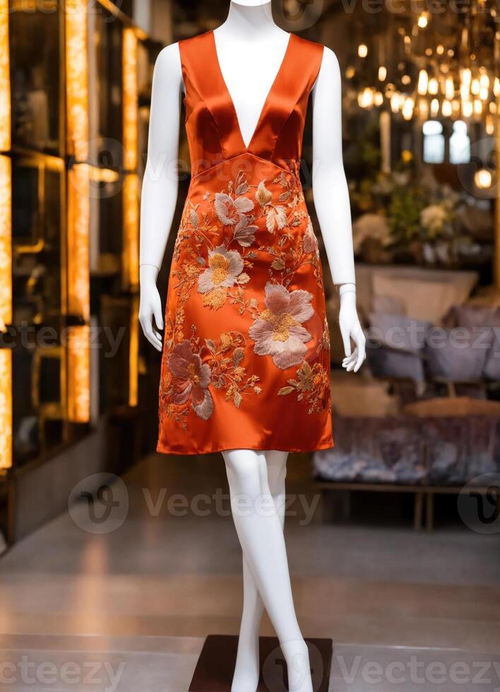 AI generated Fashionable evening orange summer dress on a mannequin. ai generative. ai generative photo