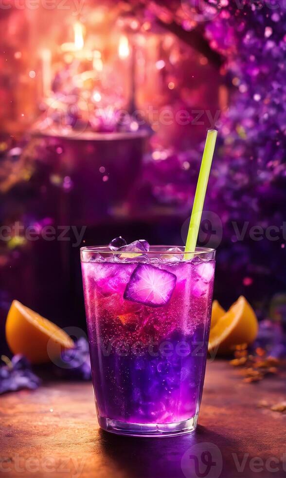 AI generated Purple cocktail with ice on a wooden table. Selective focus. ai generative photo