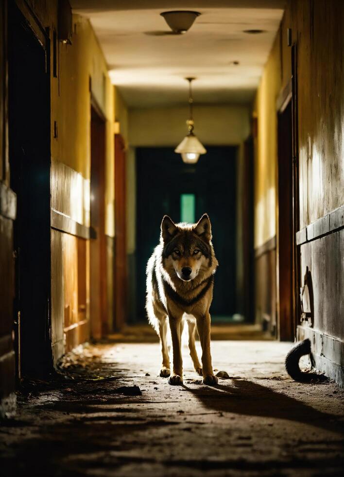 ai generado retrato de un lobo en un oscuro corredor a noche. ai generativo foto