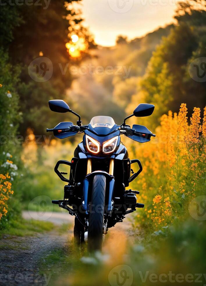 AI generated Motorcyclist riding a motorcycle on a country road at sunset. ai generative photo