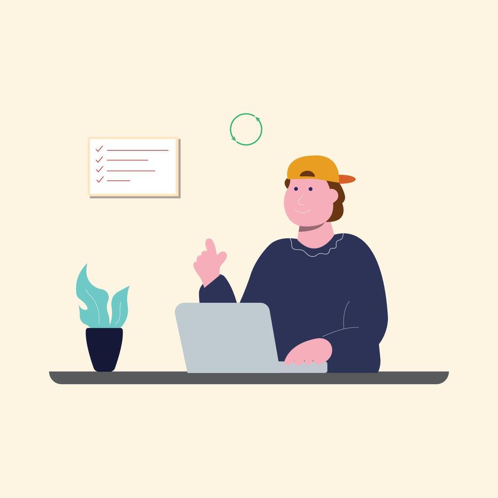 work at home vector flat illustration style online career illustration room coworkers young  freelancer working on laptop or computer at home simple concept