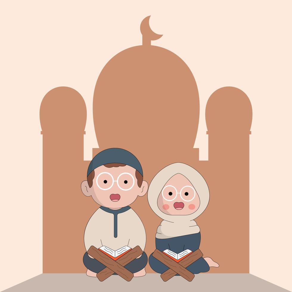 character cute ramadhan concept illustration happy muslim family celebrate holy month ramadhan mosque sillhouette vector illustration