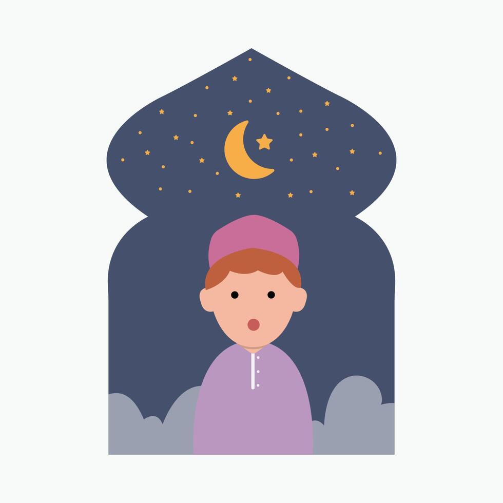 contento eid Mubarak con niño personaje ilustración sencillo concepto linda dibujos animados musulmán vector