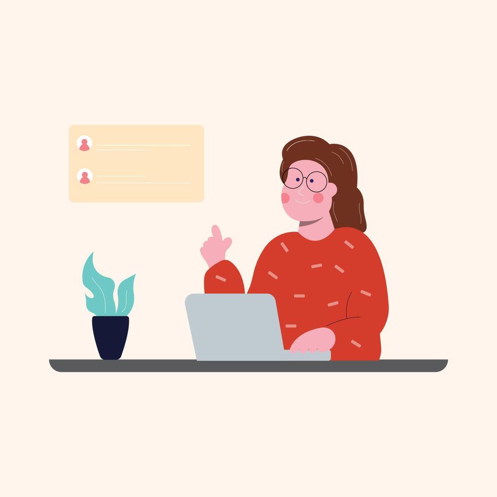 work at home vector flat illustration style online career illustration room coworkers young  freelancer working on laptop or computer at home simple concept