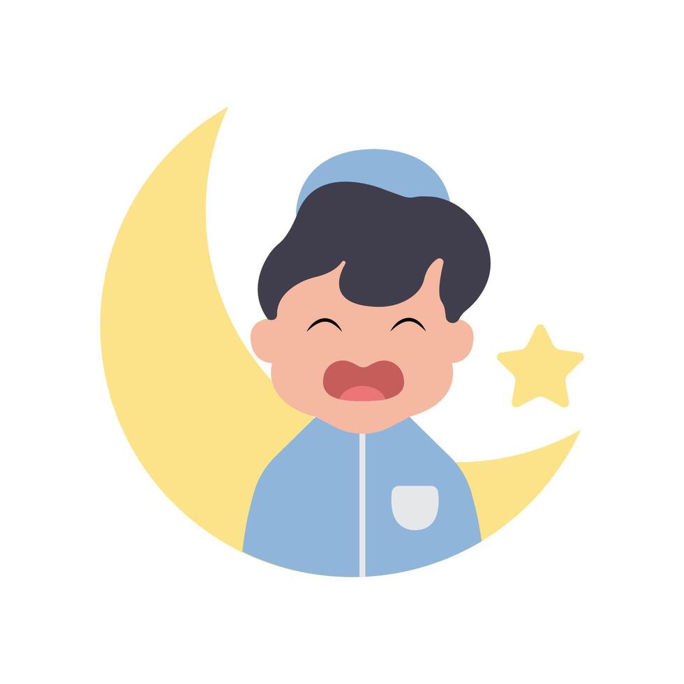 happy eid mubarak with kid character illustration simple concept cute cartoon muslim vector