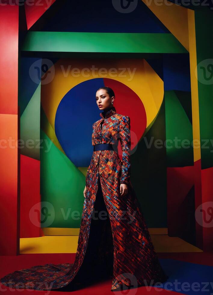 AI generated Fashion shot of a beautiful woman in elegant dress. ai generative photo