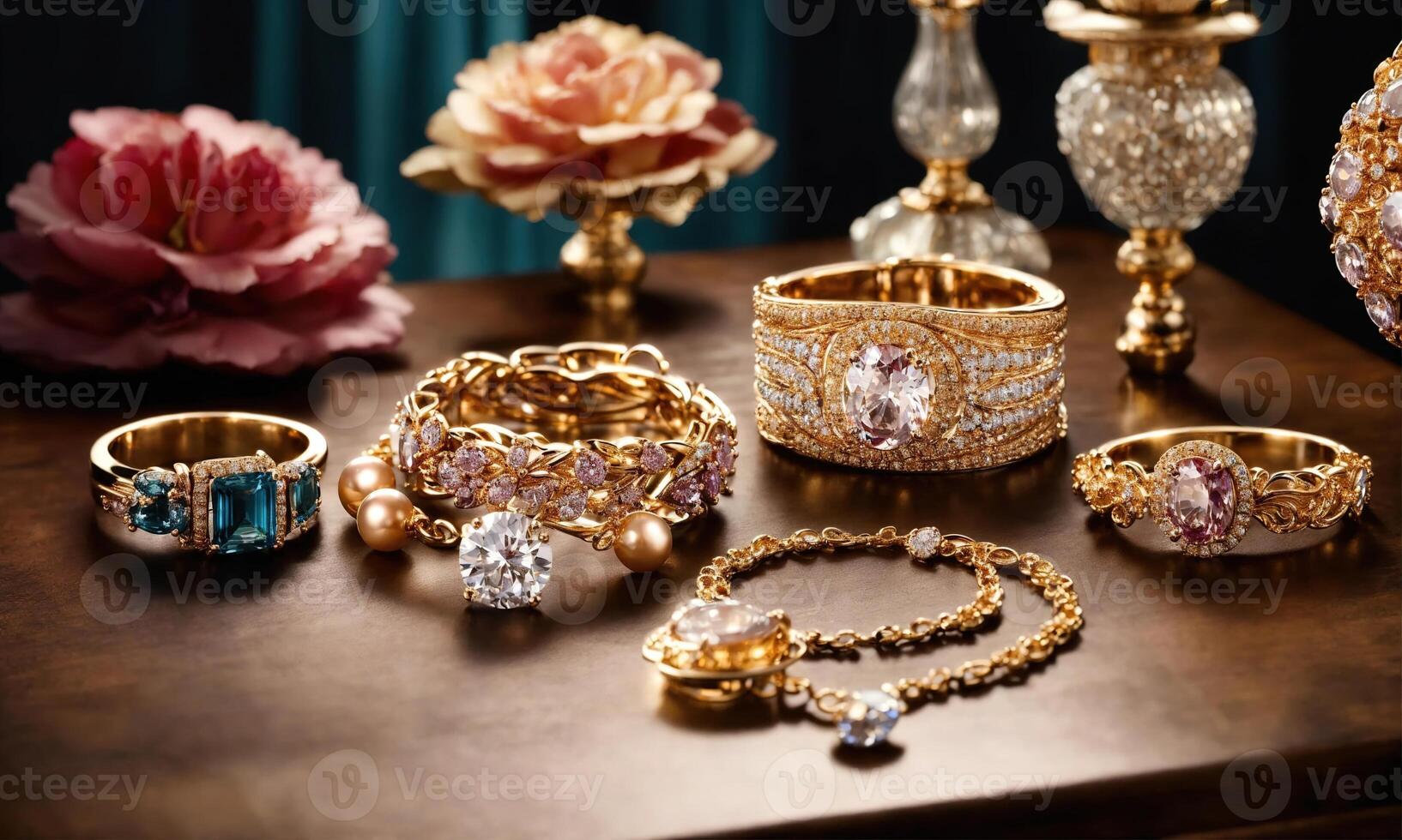 AI generated jewelry diamond ring on wooden table with bokeh background. ai generative photo