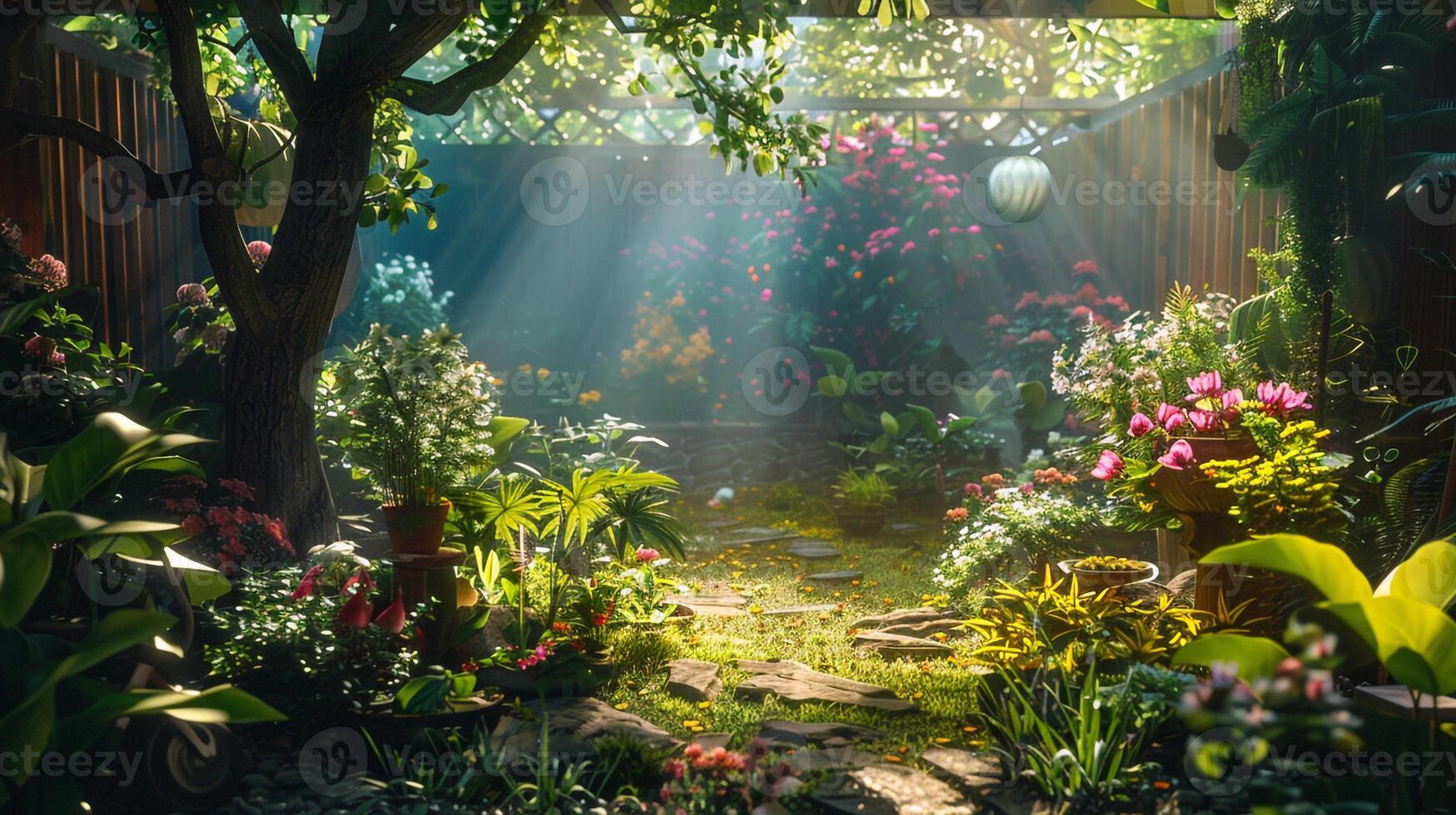 AI generated The garden is a beautiful setting for the summer. photo
