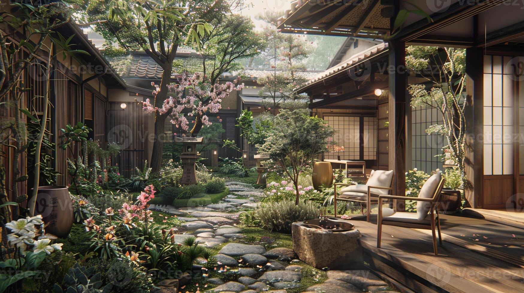 AI generated The garden is a beautiful setting for the summer. photo