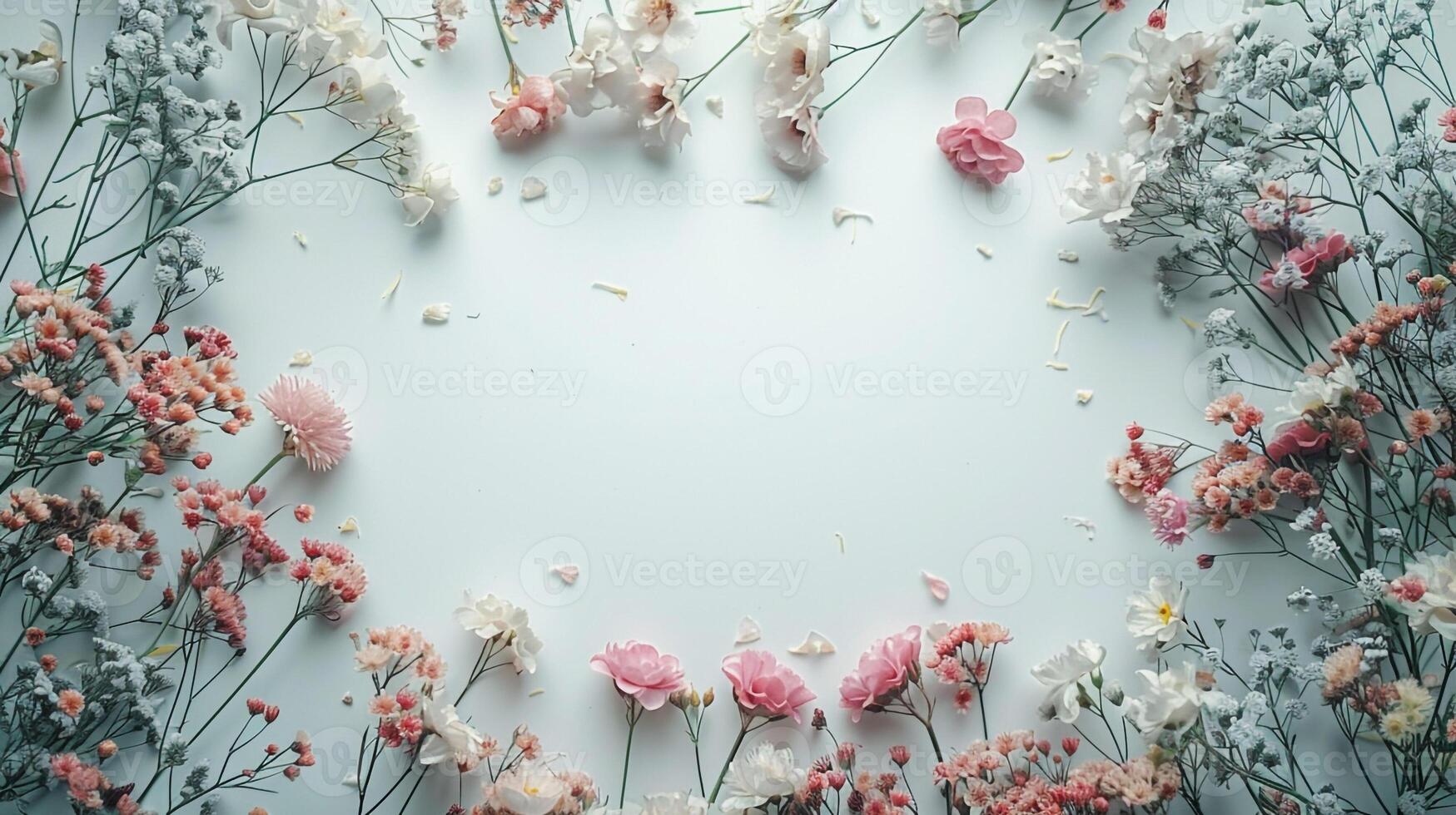 AI generated Spring Serenity Elegant Wedding Celebratory Greeting Card adorned with Flowers on a Light photo