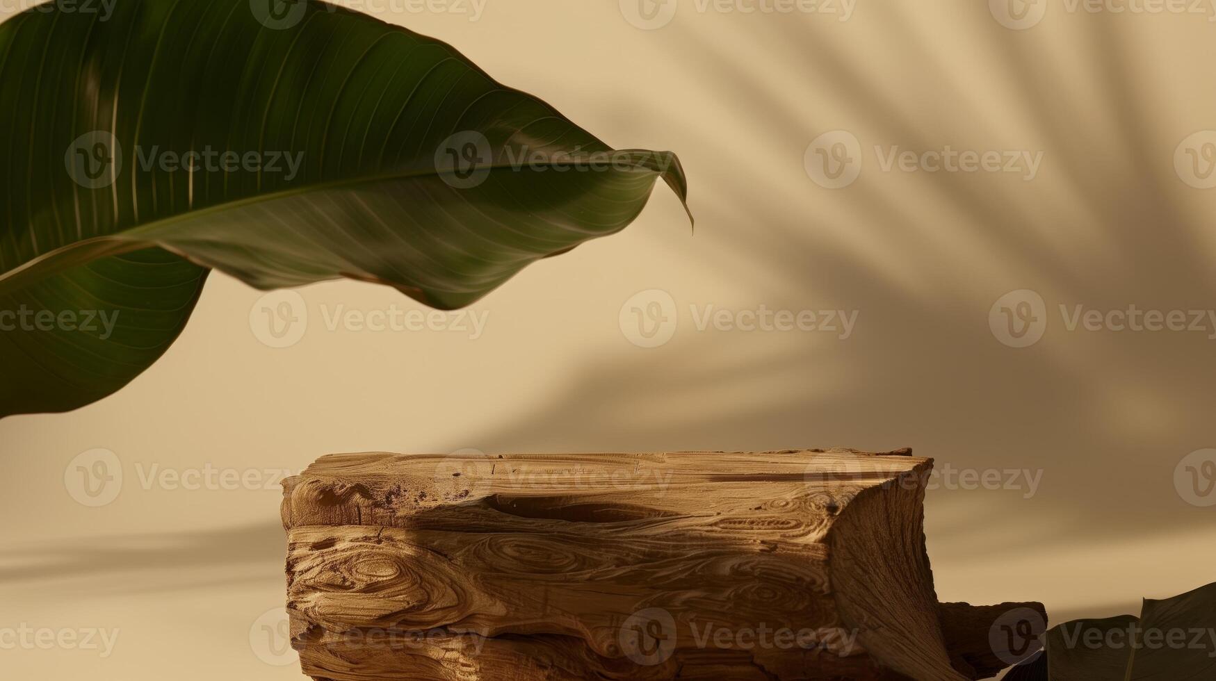 AI generated A background with dry Wood as base and green leafs, from front, mat and empty background, no product in the picture. Generated by artificial intelligence. photo