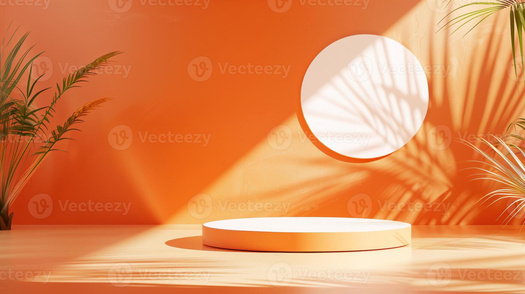 AI generated A mockup of round podium with orange background with palm leaves. Generated by artificial intelligence. photo
