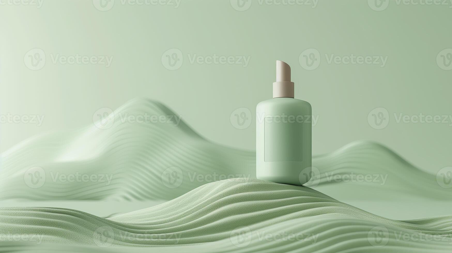 AI generated Background for presentation branding and packaging. Cosmetic bottle on sandstone random shape with mint background. 3D illustration. Generated by artificial intelligence. photo