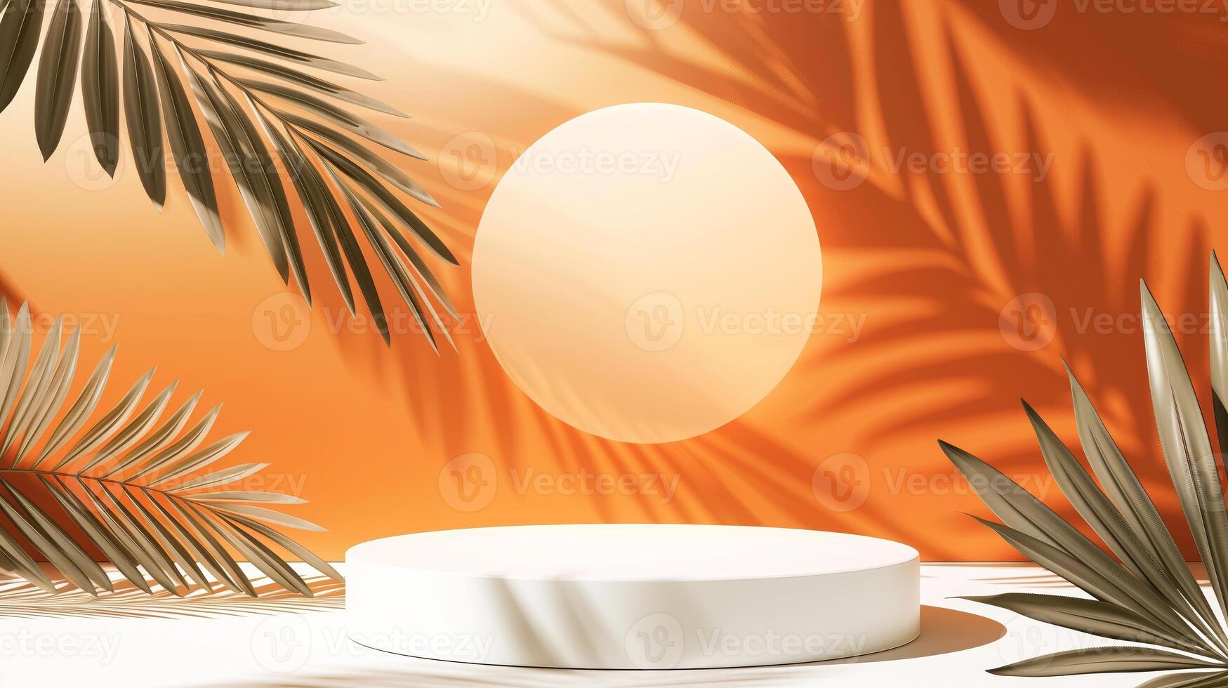 AI generated A mockup of round podium with orange background with palm leaves. Generated by artificial intelligence. photo