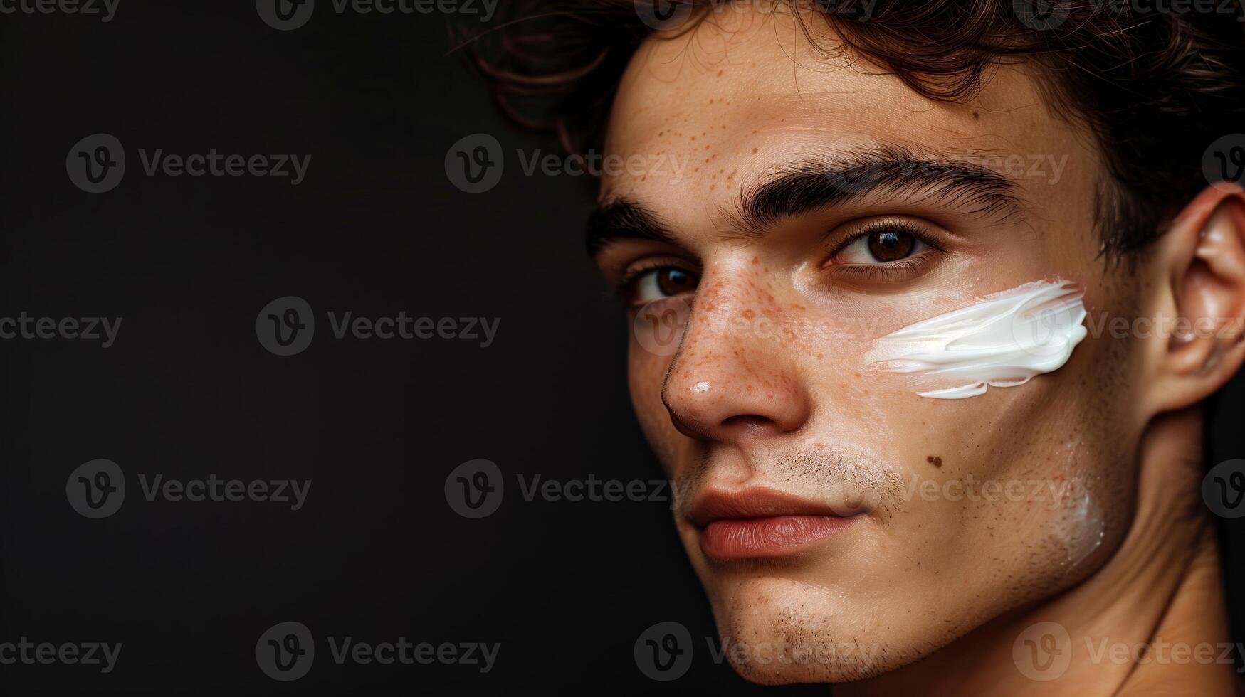 AI generated A handsome young man with cream on his face, against a black background. Skin care products on his face. Generated by artificial intelligence. photo