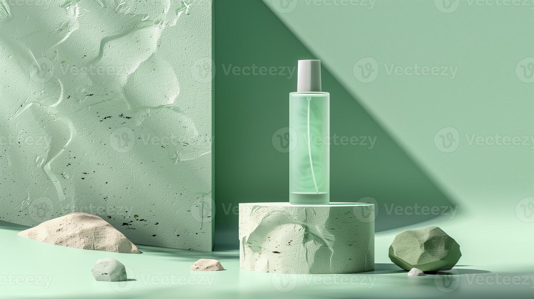 AI generated Background for presentation branding and packaging. Cosmetic bottle on sandstone random shape with mint background. 3D illustration. Generated by artificial intelligence. photo