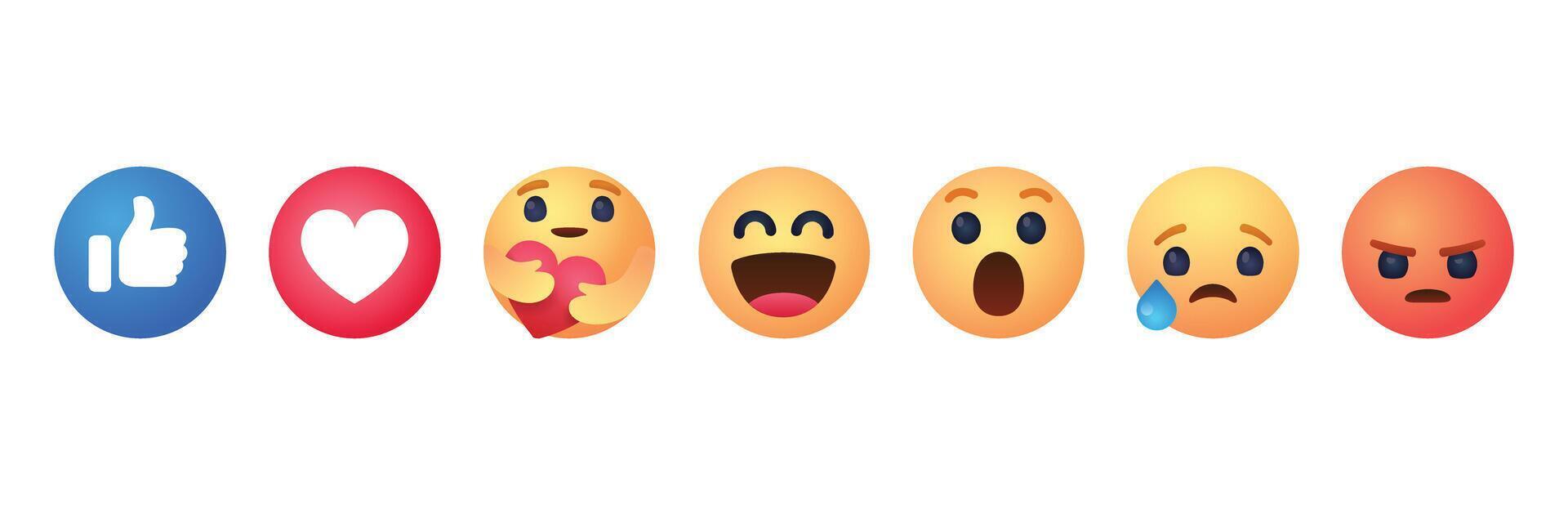 Facebook nuevo emojis Facebook emoticon botones. oficial Facebook reacciones vector. Facebook social reacción emojis vector