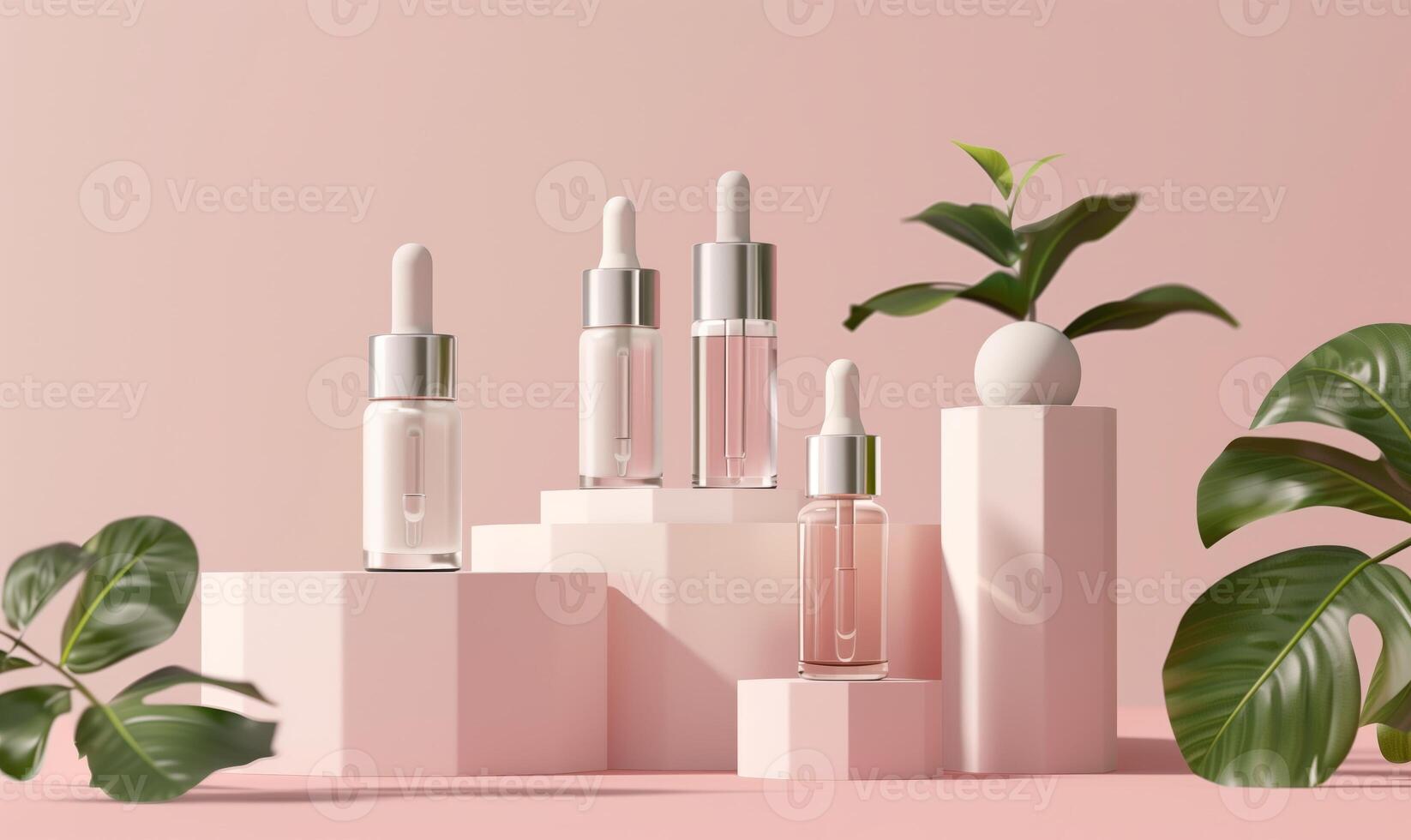 AI generated Beauty natural skincare product mock up. Serum or Collagen Dropper Bottles on different geometric podiums. Skincare products presentation. Generated by artificial intelligence. photo