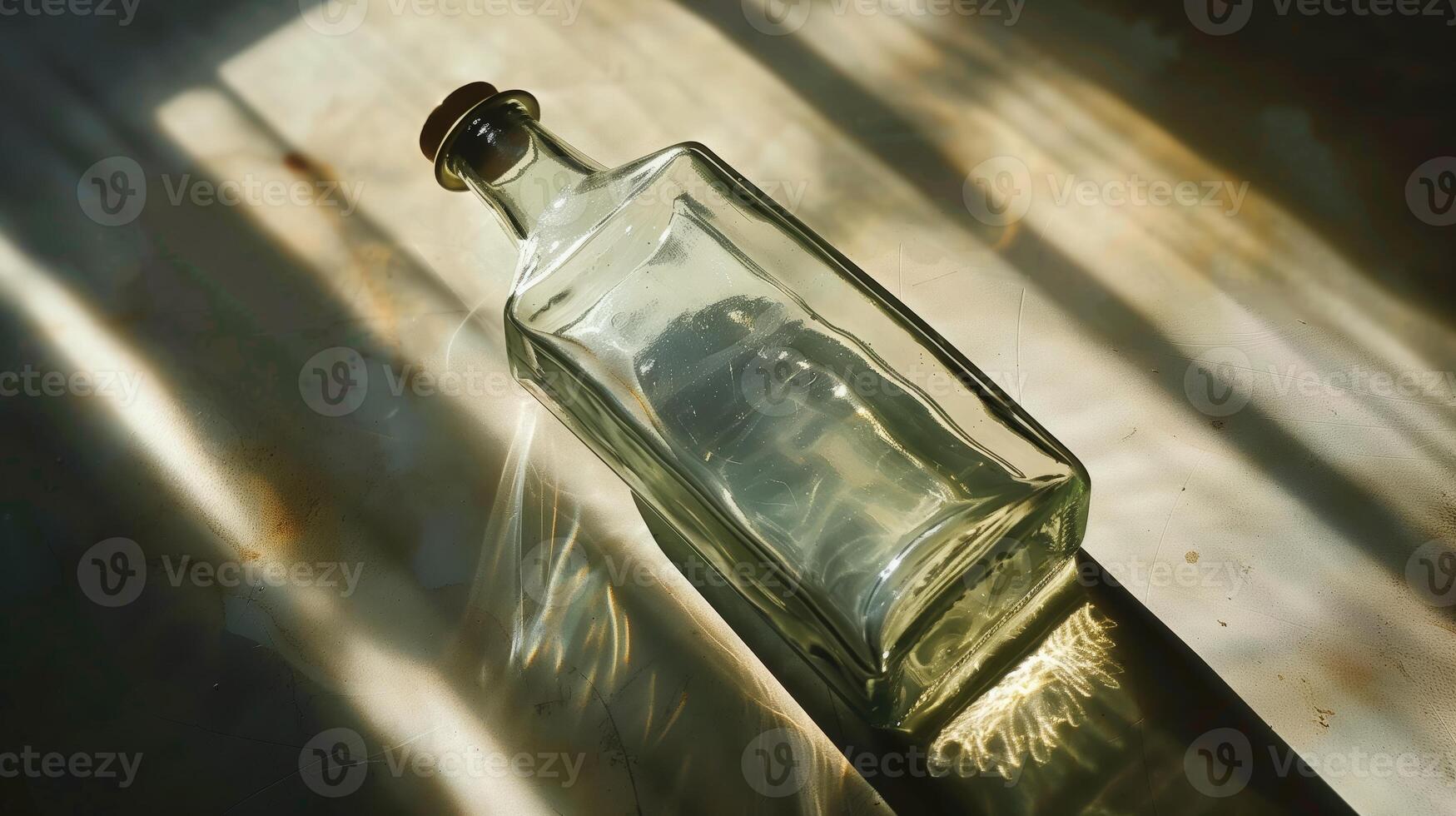AI generated A glass bottle with light reflection. Light source lying down on rectangular bottle. Generated by artificial intelligence. photo