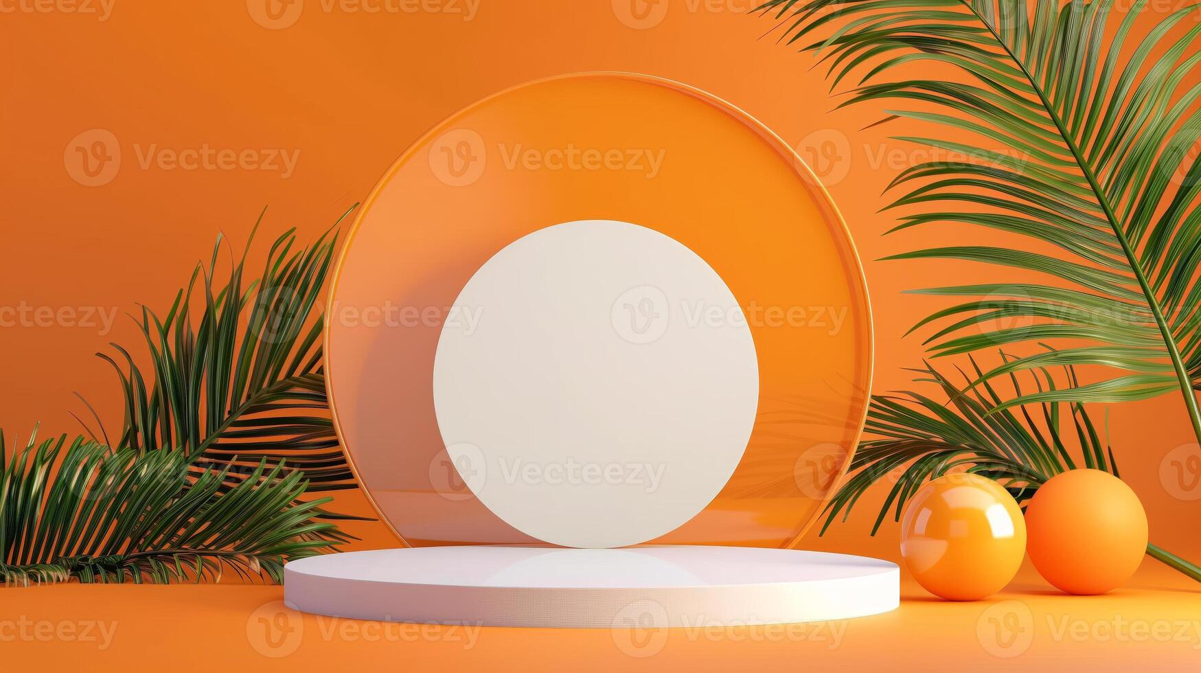 AI generated A mockup of round podium with orange background with palm leaves. Generated by artificial intelligence. photo