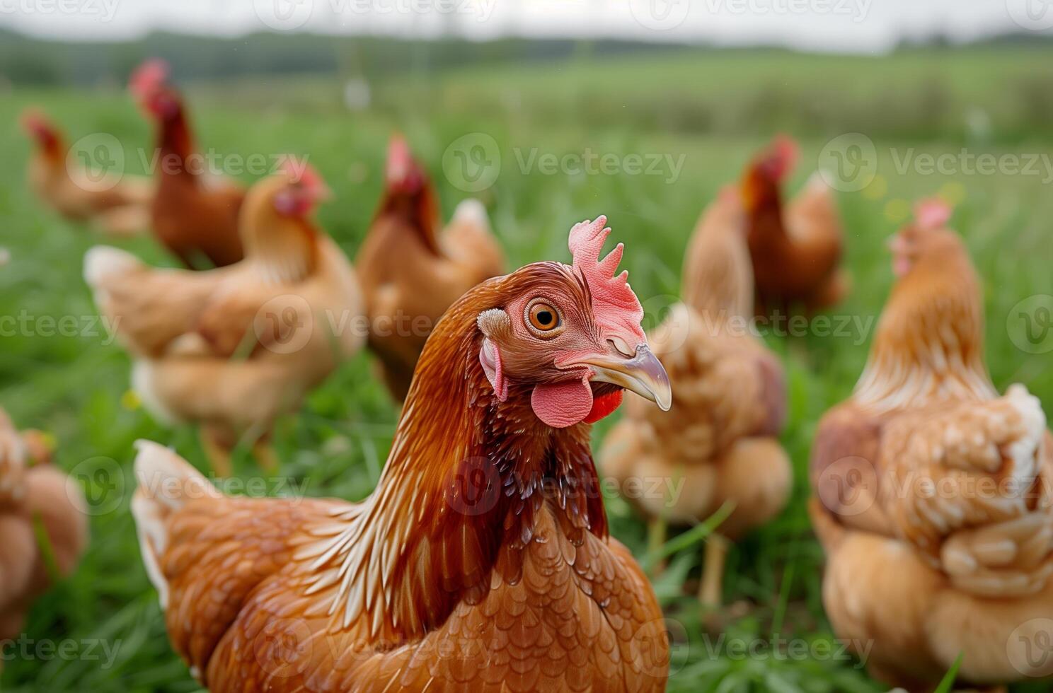 AI generated Close-up chicken looking in the camera with a group of people in a field. Generated by artificial intelligence. photo