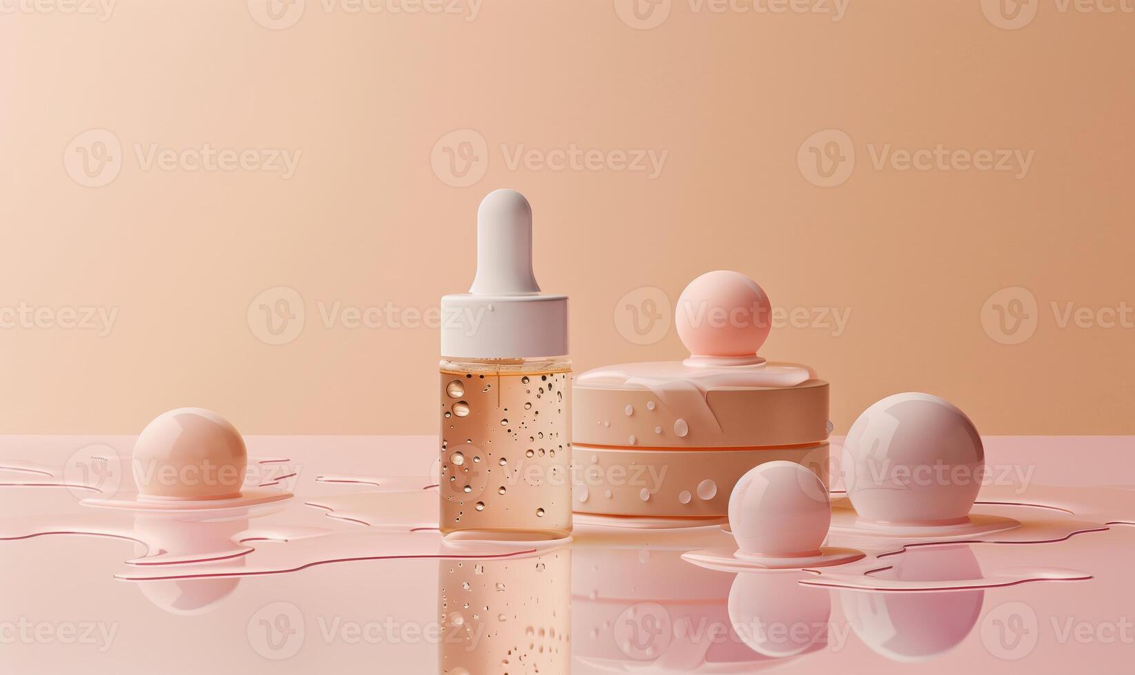 AI generated Cosmetical product photos with water drops, professional light, beige and dusty rose colors. Generated by artificial intelligence.