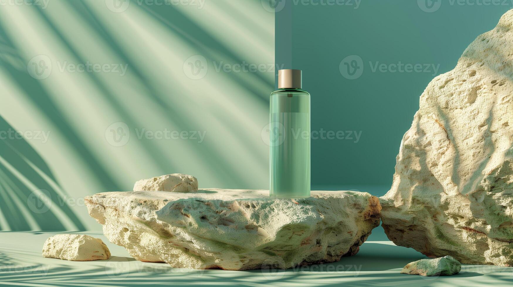 AI generated Background for presentation branding and packaging. Cosmetic bottle on sandstone random shape with mint background. 3D illustration. Generated by artificial intelligence. photo