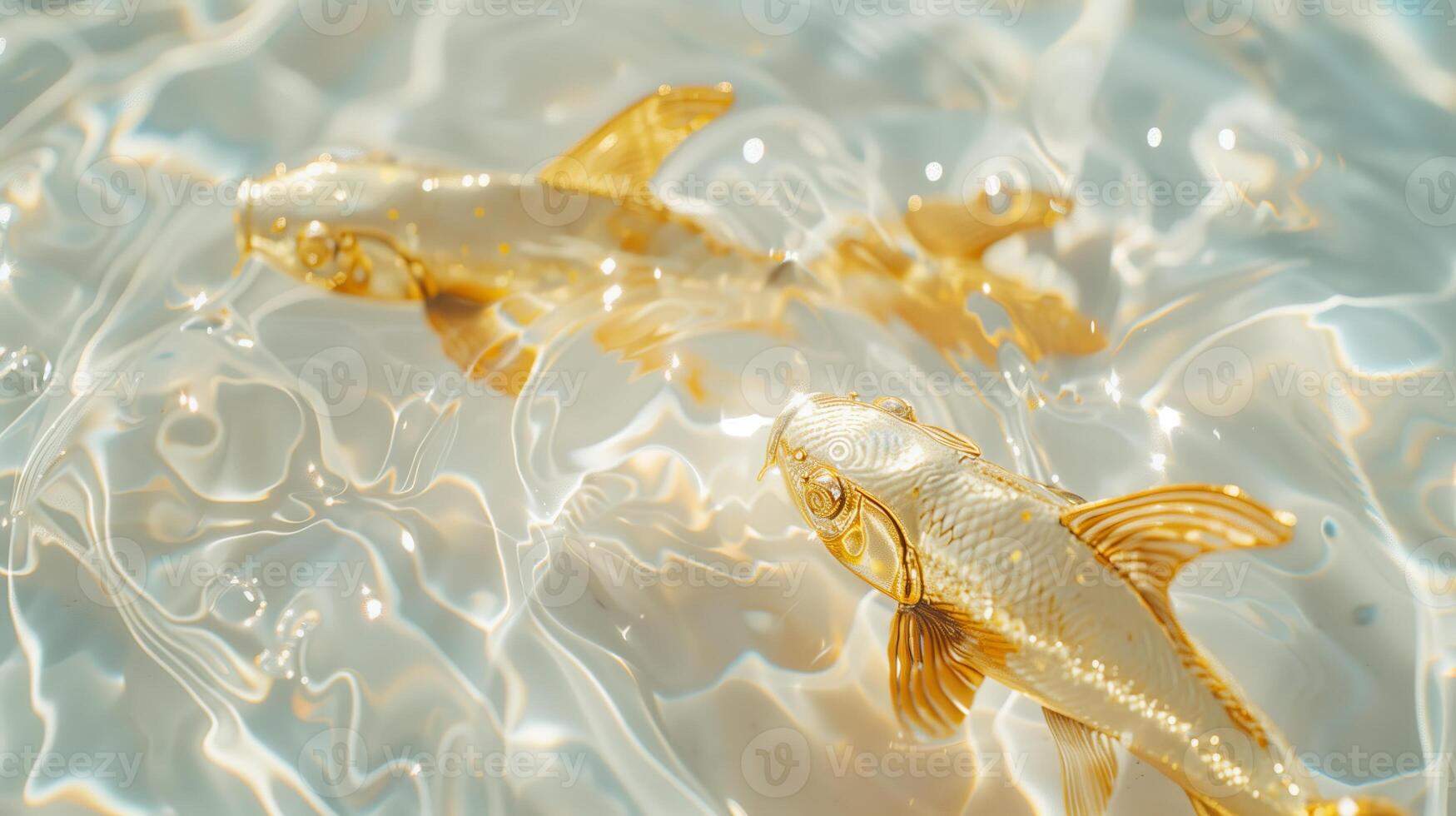 AI generated Two golden fish on the sparkling white water. Beautiful curves, sunlight, light and shadow, natural light. Generated by artificial intelligence. photo