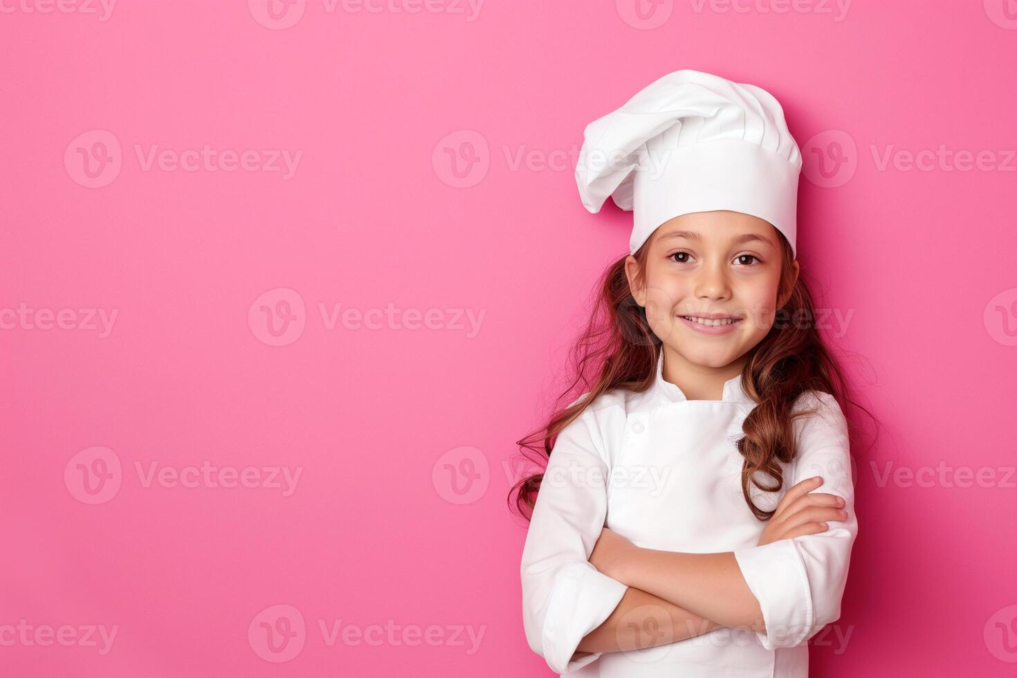 ai generado pequeño niña en del chef sombrero posando con confianza en rosado antecedentes foto