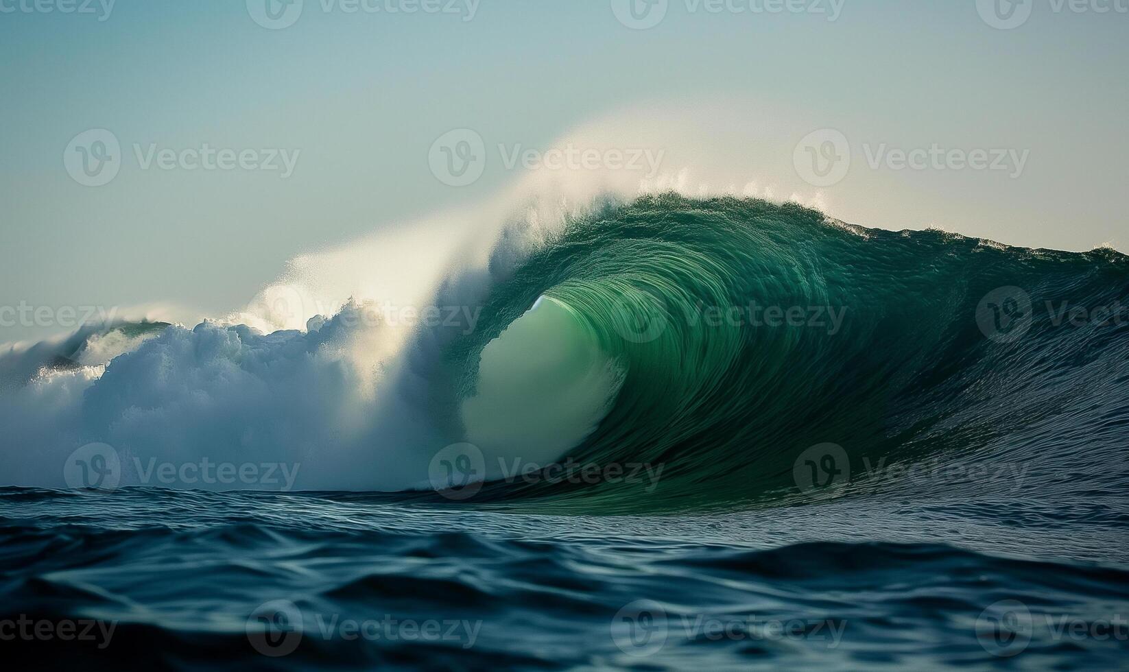 AI generated Majestic Ocean Wave Curling with Mist in Early Morning Light photo