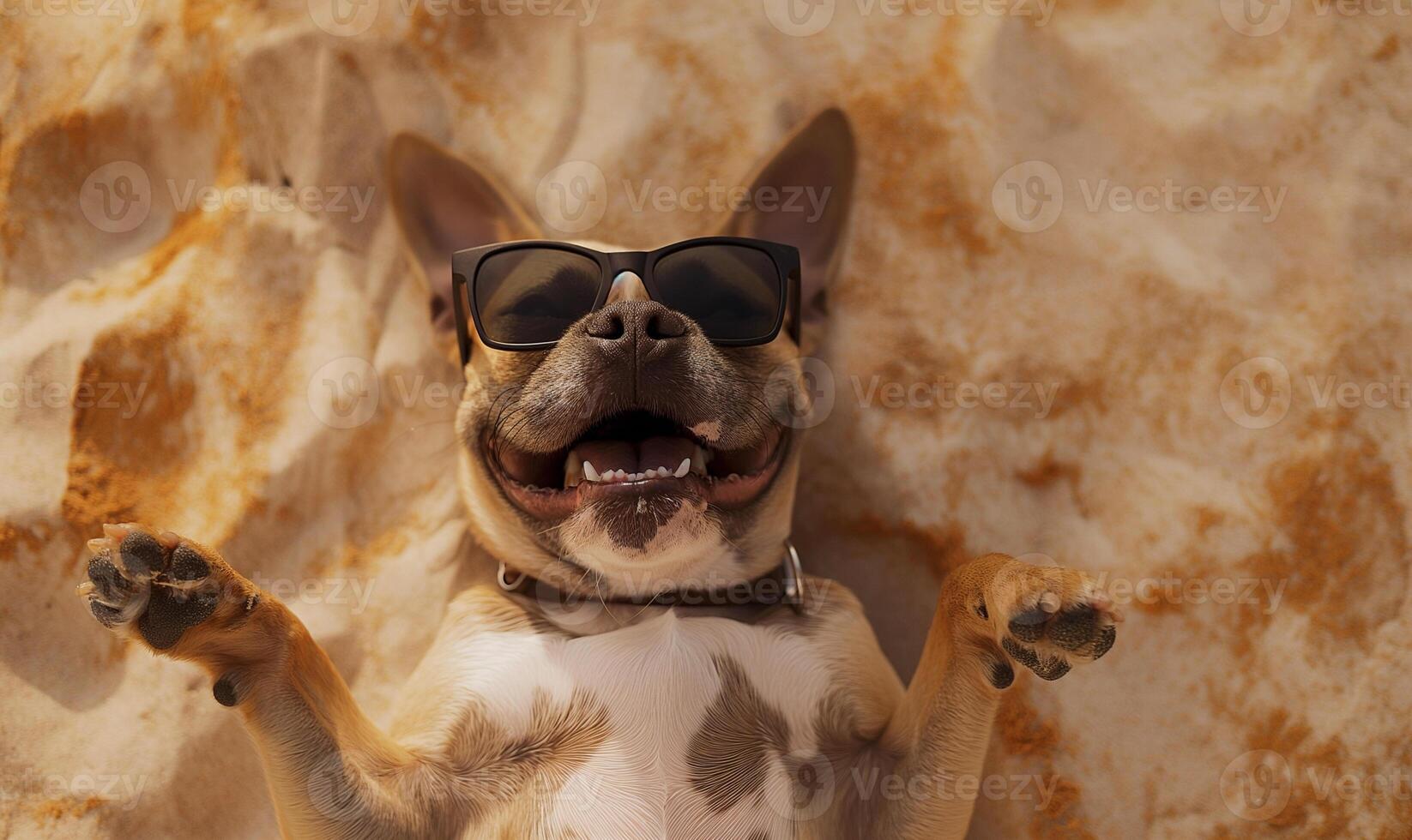 ai generado contento perro vistiendo Gafas de sol relajante en el playa arena foto