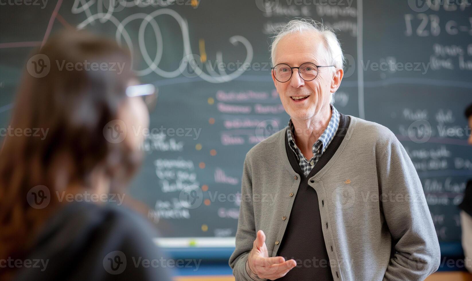 ai generado comprometido mayor profesor en discusión con un masculino estudiante en salón de clases ajuste foto