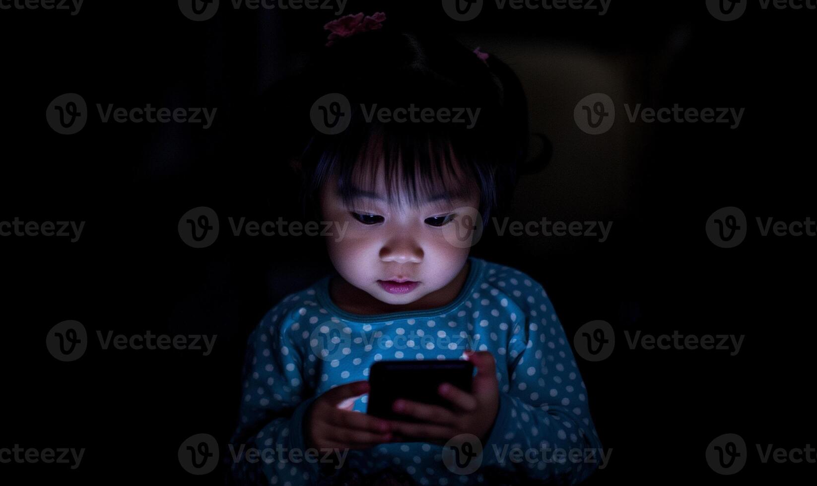 AI generated Toddler Mesmerized by Smartphone Screen in a Dark Room photo