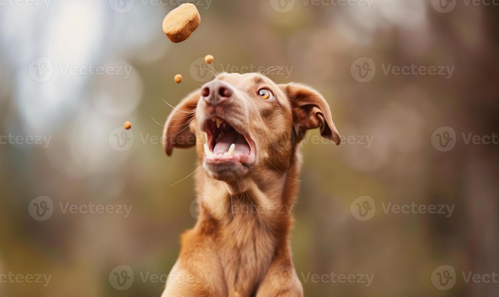 AI generated Amused Dog Attempting to Catch Flying Cookies - Humorous Pet Photography photo